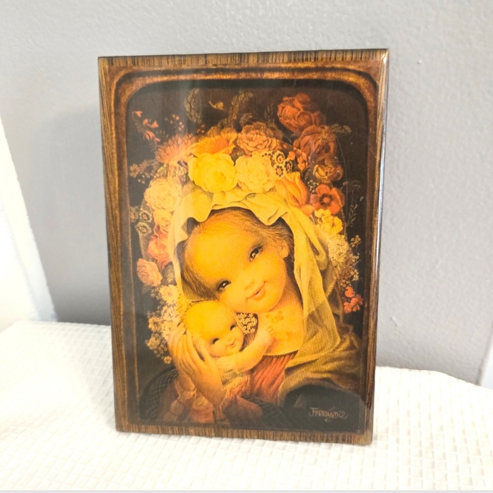 Ferrandiz Mother & Child Laquered Print Wood Wall Plaque Retro Floral